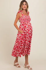 Red Printed Smocked Shoulder Tie Maternity Midi Dress