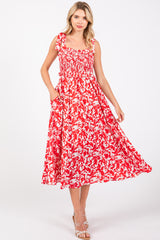 Red Printed Smocked Shoulder Tie Maternity Midi Dress