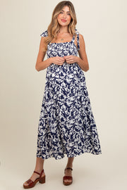 Navy Printed Smocked Shoulder Tie Maternity Midi Dress