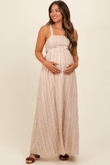 Beige Striped Back Cut Out Maternity Maxi Dress