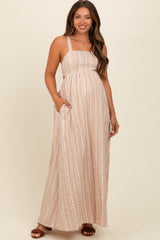 Beige Striped Back Cut Out Maternity Maxi Dress