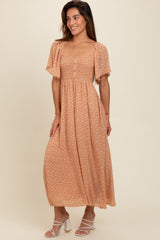 Peach Floral Smocked Button Accent Maxi Dress