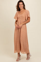 Peach Floral Smocked Button Accent Maxi Dress