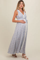 Periwinkle Floral Crochet Trim Button Down Maternity Maxi Dress