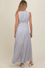 Periwinkle Floral Crochet Trim Button Down Maternity Maxi Dress