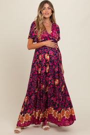 Navy Blue Mixed Floral Maternity Maxi Dress