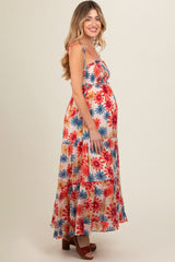 Coral Floral Smocked Shoulder Tie Maternity Maxi Dress