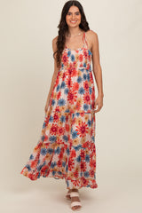 Coral Floral Smocked Shoulder Tie Maxi Dress