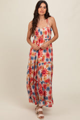 Coral Floral Smocked Shoulder Tie Maxi Dress