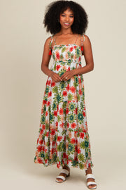 Green Floral Smocked Shoulder Tie Maxi Dress