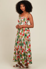 Green Floral Smocked Shoulder Tie Maxi Dress