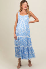 Light Blue Floral Lace Trim Tiered Maternity Maxi Dress