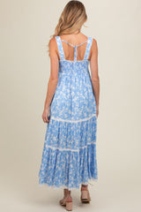 Light Blue Floral Lace Trim Tiered Maternity Maxi Dress