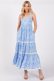 Light Blue Floral Lace Trim Tiered Maxi Dress