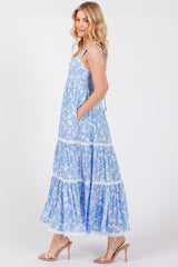 Light Blue Floral Lace Trim Tiered Maxi Dress