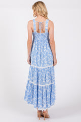 Light Blue Floral Lace Trim Tiered Maxi Dress