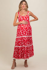 Red Floral Lace Trim Tiered Maternity Maxi Dress