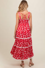 Red Floral Lace Trim Tiered Maternity Maxi Dress