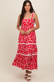 Red Floral Lace Trim Tiered Maxi Dress