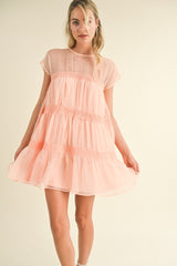 Blush Tiered Crochet Trim Mini Dress