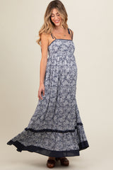 Navy Floral Shoulder Tie Maternity Maxi Dress