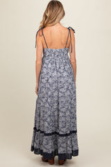 Navy Floral Shoulder Tie Maternity Maxi Dress