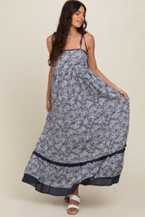 Navy Floral Shoulder Tie Maxi Dress