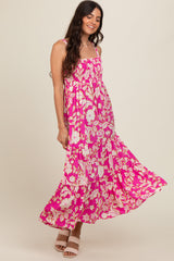 Fuchsia Floral Smocked Tiered Midi Dress