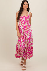 Fuchsia Floral Smocked Tiered Midi Dress