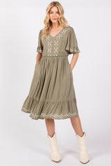 Olive Embroidered Midi Dress