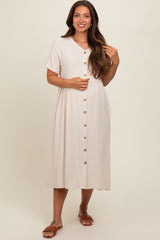 Beige Button Down Maternity Midi Dress