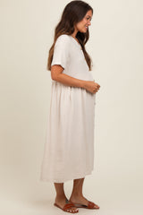 Beige Button Down Maternity Midi Dress