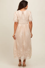 Cream Embroidered Smocked Maternity Midi Dress