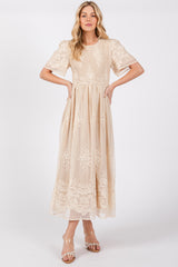 Cream Embroidered Smocked Midi Dress