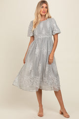 Grey Floral Lace Smocked Maternity Midi Dress