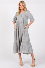 Grey Embroidered Tiered Midi Dress