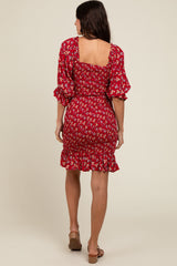 Red Floral Smocked Fitted Dress