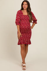 Red Floral Smocked Fitted Maternity Dress