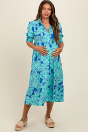 Mint Green Abstract Floral Tiered Maternity Midi Dress