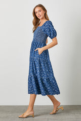 Blue Chambray Printed Smocked Midi Dress