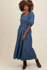 Blue Chambray Printed Smocked Midi Dress