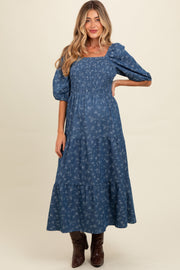 Blue Chambray Printed Smocked Maternity Midi Dress