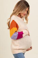 Cream Colorblock Sleeve Maternity Sweater