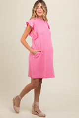 Pink Ribbed Ruffle Sleeve Maternity Dress