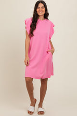 Pink Ribbed Ruffle Sleeve Maternity Dress