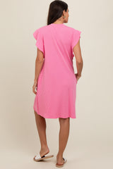 Pink Ribbed Ruffle Sleeve Dress