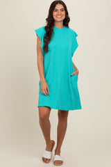 Turquoise Ribbed Ruffle Sleeve Maternity Dress