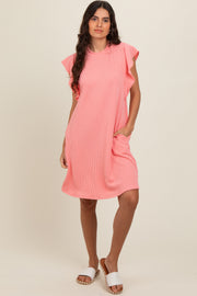 Peach Ribbed Ruffle Sleeve Dress