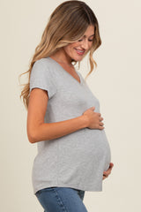 Heather Grey Basic V-Neck Short Sleeve Maternity Top