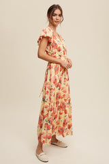 Light Yellow Floral Print V-Neck Maxi Dress